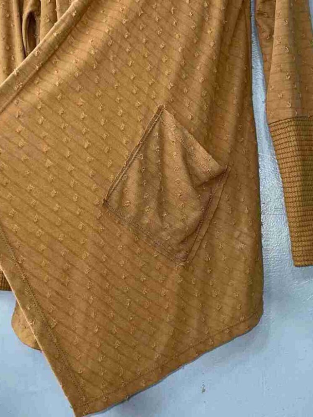 Mustard Yellow Textured Hooded Waterfall Open Cardigan Waffle Cuffs Pockets - Picture 5 of 5